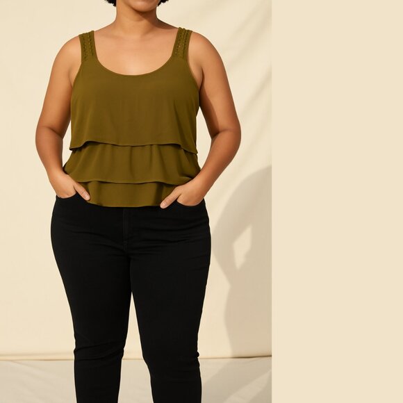 Olive Tiered Knit Tank with Crochet Straps - Picture 3 of 5